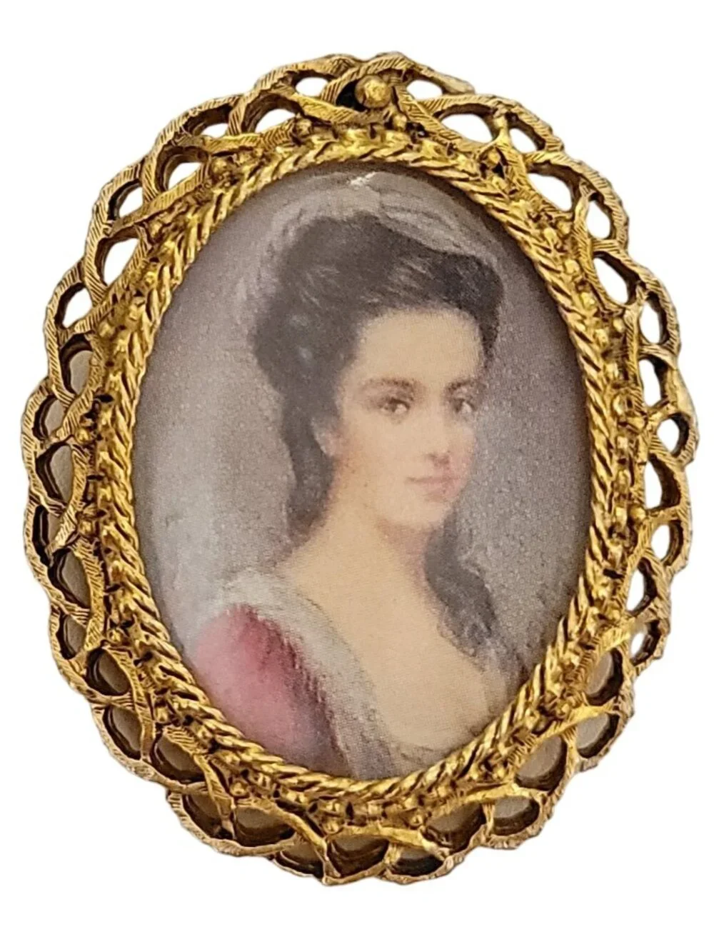Florenza Gold Tone Cameo Print Lady's Portrait Brooch Pendant, Signed K565